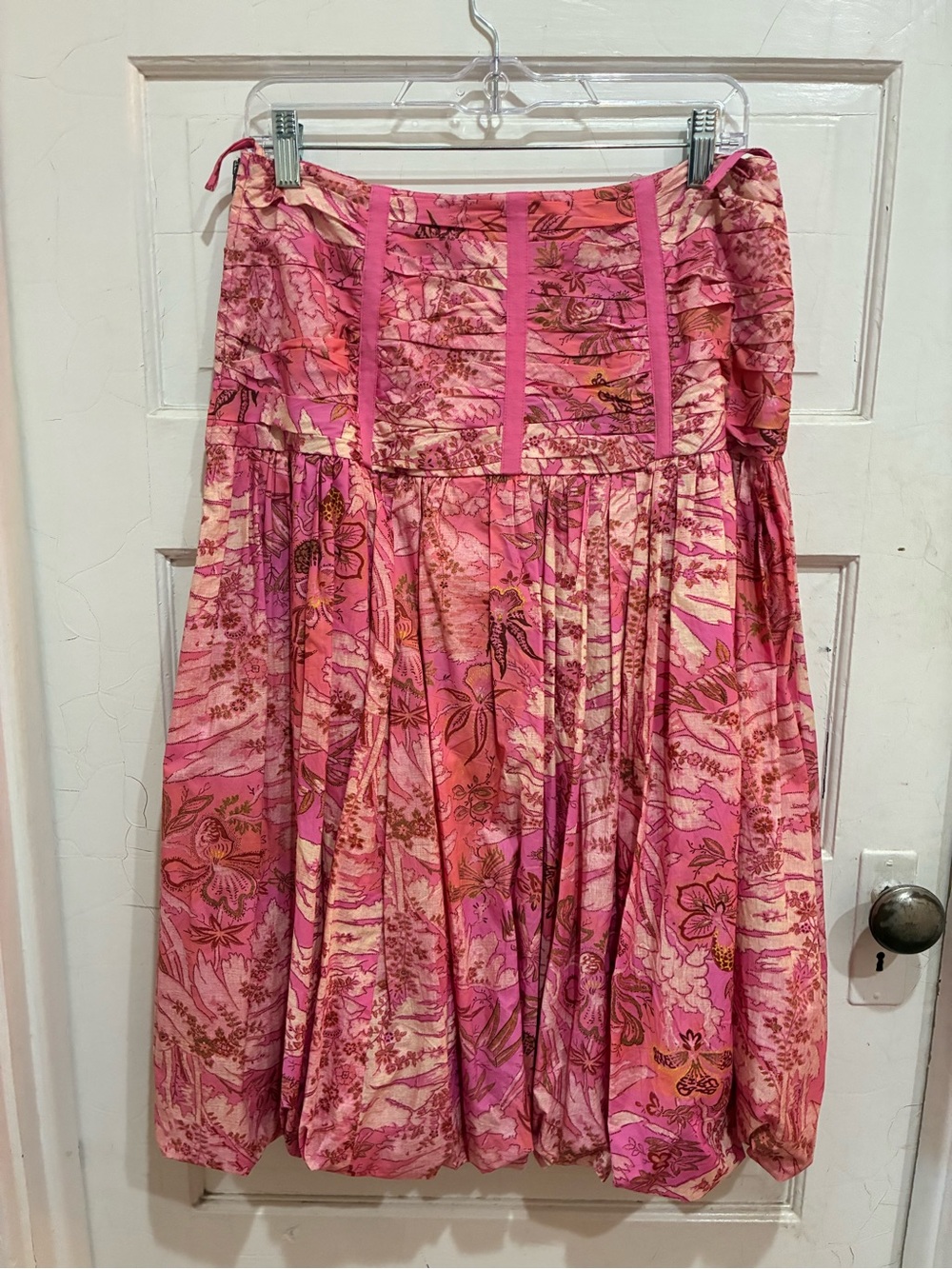 Ulla Johnson Pink Floral Gathered Midi Skirt.
